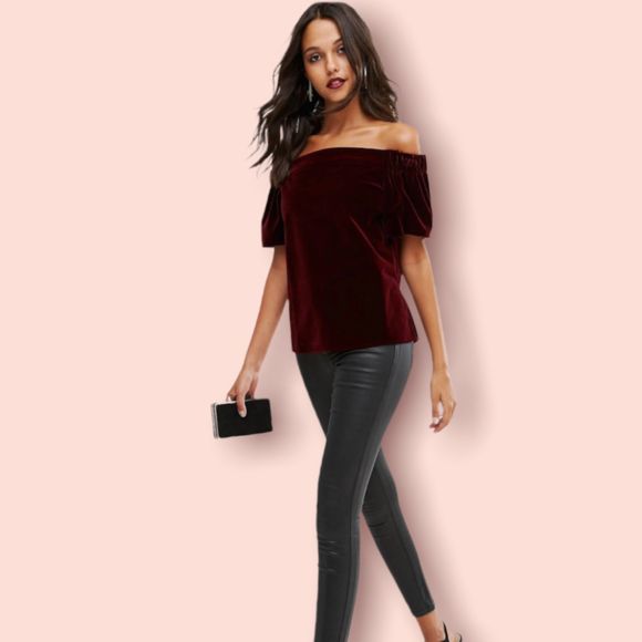 Lila Burgundy Velvet Off-The-Shoulder Short Sleeve Top - Picture 7 of 10
